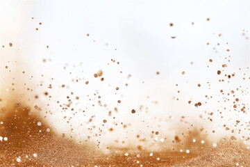 Fototapeta premium Golden particles floating in the air, creating a dreamy, glittery texture against a soft blurred white background, ideal for elegant festive designs.