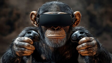 Chimpanzee Using VR Headset and Controllers in Indoor Setting