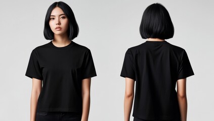 A female model wearing black t-shirt template showing the front and back views.
