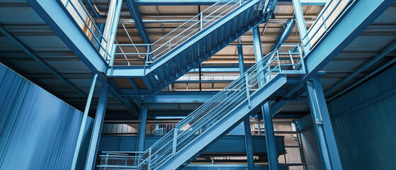 Industrial staircase design enhancing functionality in a blue metal recycling plant interior
