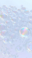 Iridescent Soap Bubbles Floating Gently on a Soft Blue Background Creates a Dreamy and Soothing Atmosphere