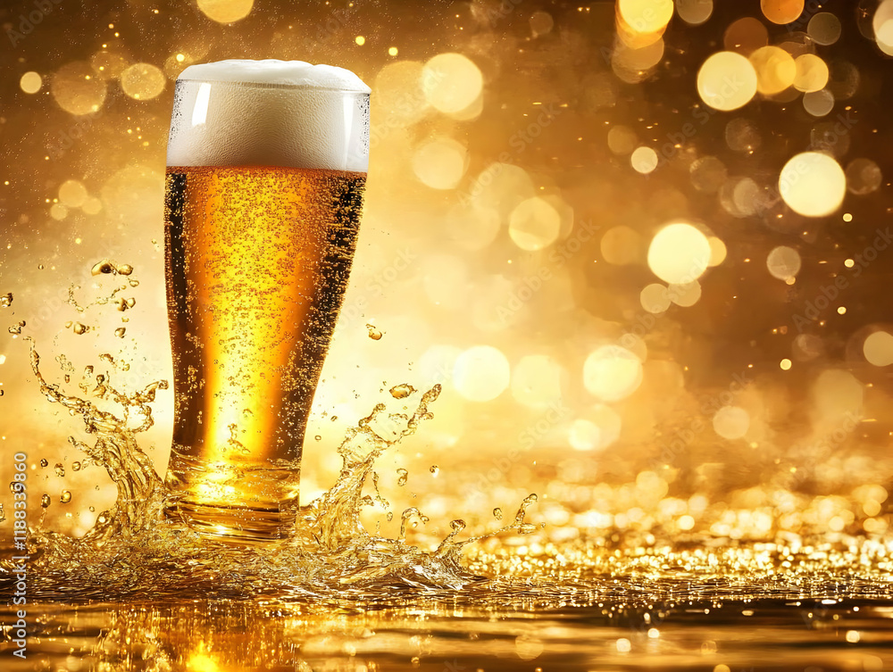 Aufkleber refreshing beer glass splashes dynamically on a golden bokeh background with celebration vibes.