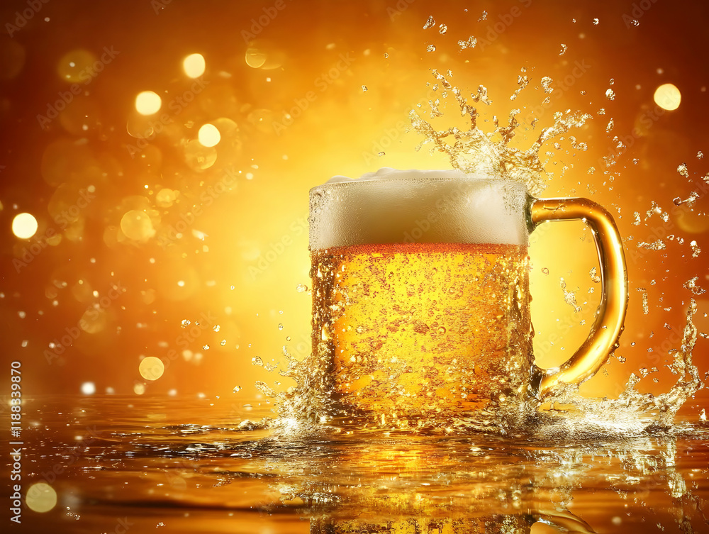 Poster mug of refreshing beer splashes on a golden background with sparkling bokeh lights effect