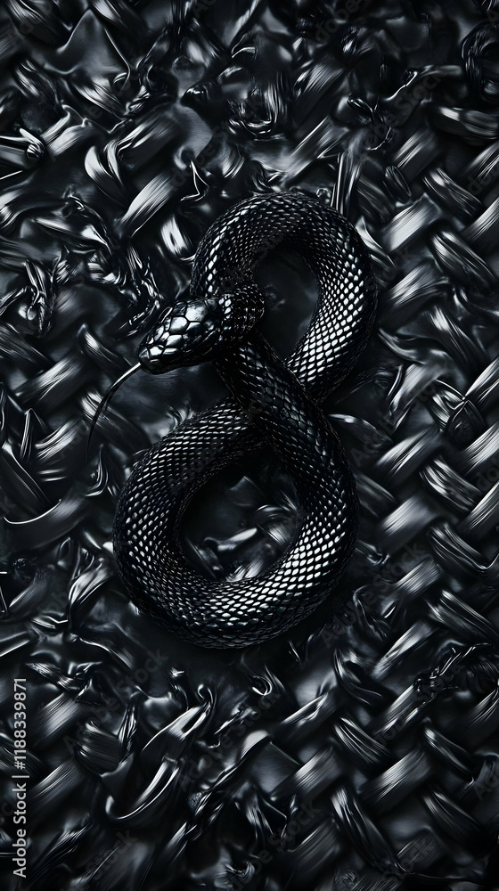 Poster black snake coils gracefully on textured abstract background with intricate patterns