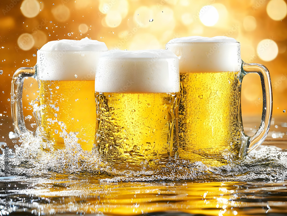 Poster three beer mugs overflow with frothy golden liquid against a sparkling background