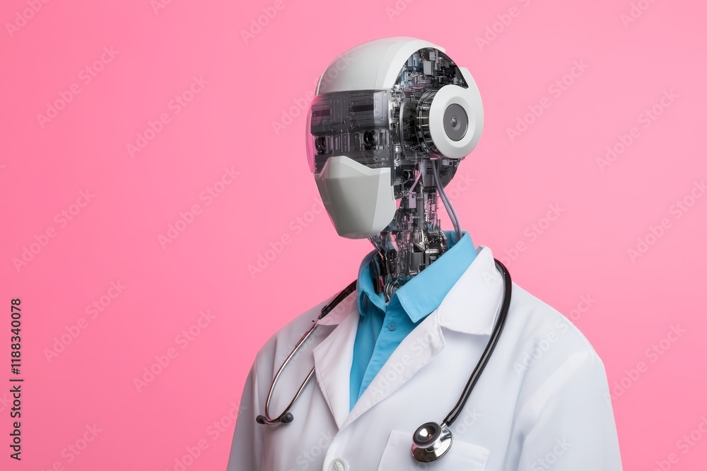 Aufkleber robot in a lab coat with stethoscope and advanced circuitry against a pink background showcasing med