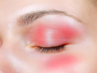 Obraz premium Close-up of a Closed Eye with Pink Eyeshadow and Defined Eyebrows Displaying Makeup Artistry
