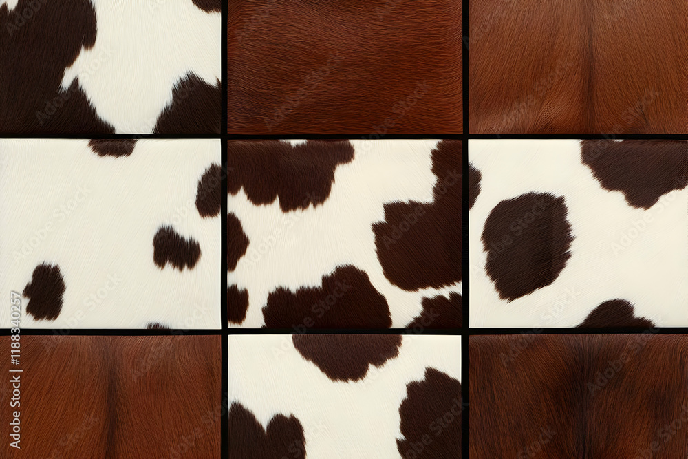 Poster cowhide and brown fur patchwork creates a textured and rustic design element