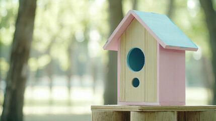 colorful birdhouse with blue roof and pink walls, set in serene outdoor environment, surrounded by trees