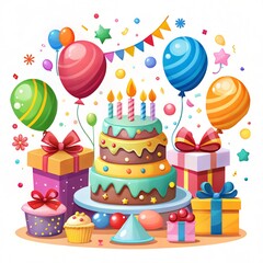 Colorful Birthday Celebration with Cake, Balloons, and Gift Boxes