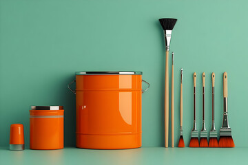 Orange Paint Cans and Brushes with Wooden Handles on Teal Background