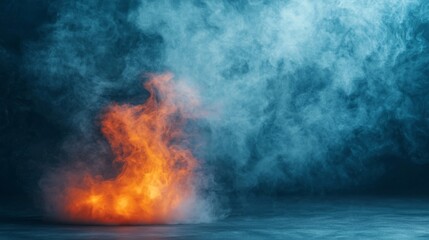 An abstract scene featuring vibrant orange flames amidst swirling blue smoke, creating a dramatic contrast in color and texture.