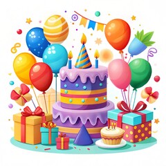 Colorful Birthday Celebration with Cake, Balloons, and Gift Boxes