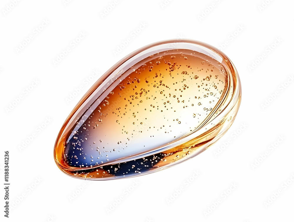 Poster transparent golden liquid drop with bubbles forms a smooth, glossy surface against a white backgroun