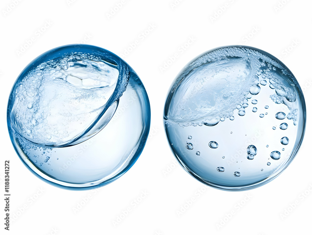 Poster two transparent spheres filled with water and air bubbles create a refreshing visual