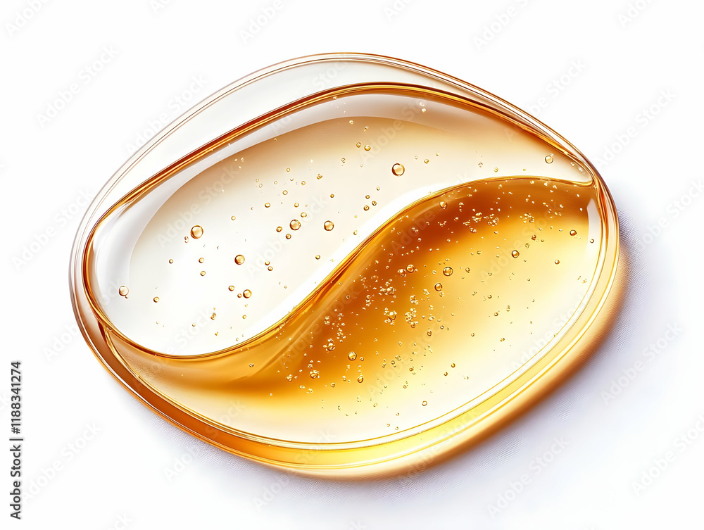 Poster golden liquid swirls with bubbles in a rounded square shape on white background
