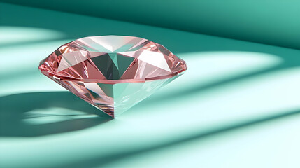 Pink Diamond Glistens Beautifully on Teal Background with Soft Lighting and Shadows