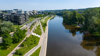 Aerial View of River and Modern Urban Landscape