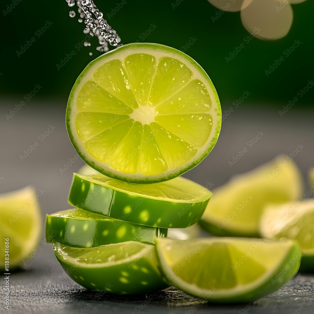 Poster fresh lime slices stacked and splashing with water droplets on dark background.