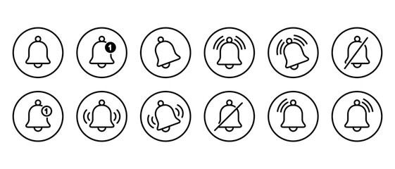 Notification bell outline icon set collection on circle line. Alert, alarm reminder sign symbol