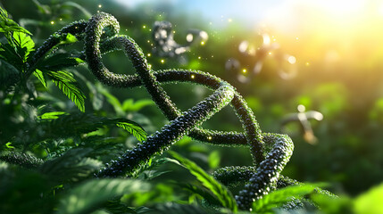 Biotechnology background with elements such as DNA strands, microscopes and molecular structures. Symbolizing the growth and success of technology.