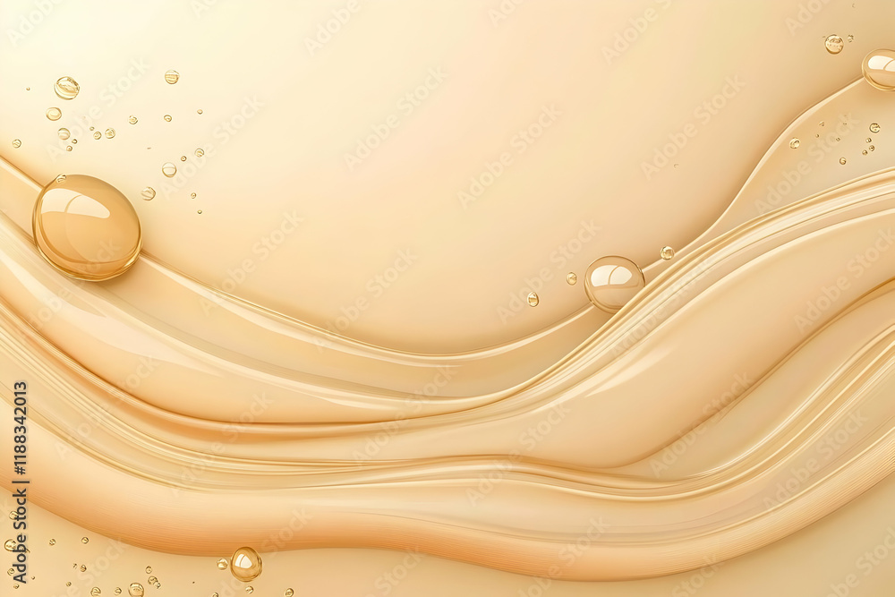 Poster golden liquid flows smoothly with bubbles gently floating in a viscous, abstract background