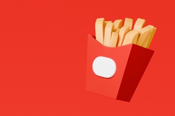 3D French fries icon. American street fast food, Floating potato fries chips. Cartoon Tantalizing french fries in red cardboard packaging creative design isolated on transparent background. 3D Render.