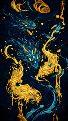 Mystical Wolves Emerge from Swirling Gold and Blue Nebula Clouds Beautifully with Dark Background.