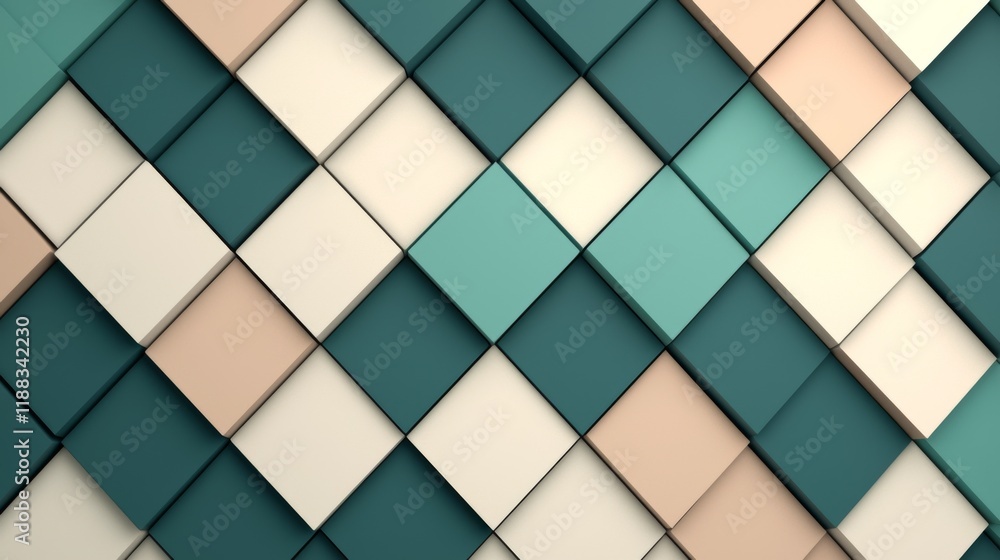 Poster a textured geometric pattern featuring interlocking squares in shades of teal, cream, and peach, cre
