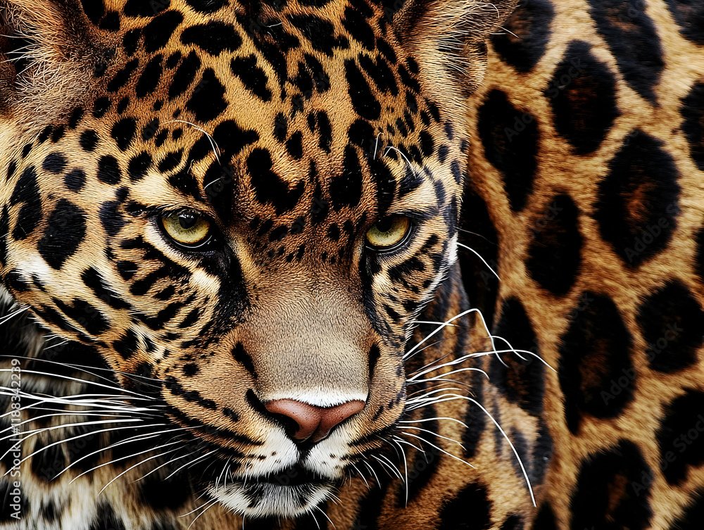 Poster close-up of a leopard's face showing its intense gaze and detailed fur pattern