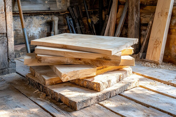 Obraz premium Stack of wooden planks in rustic workshop, showcasing natural textures and warm tones
