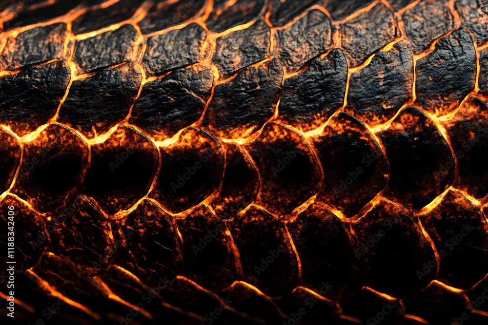 Poster glowing molten rock forms a textured surface with cracks and crevices close up