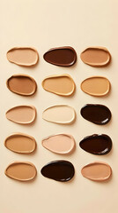 Obraz premium Various Shades of Foundation Makeup Swatches Arranged Neatly on a Beige Background