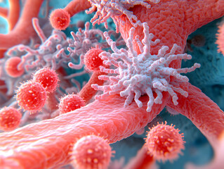 Microscopic 3D Illustration Shows Virus and Bacteria Interacting with Human Tissue