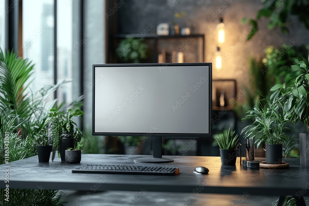 Poster modern minimalist workspace with blank computer screen surrounded by lush indoor plants, creating a 