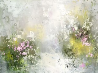 Spring garden depicted in an abstract oil painting style, with soft pastel hues and a textured canvas effect, inviting and serene.