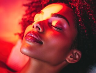 Fototapeta premium A woman is lying on a spa bed with her eyes closed, being illuminated by red light therapy LED lights above her head to treat skin rashes and tone up her face.