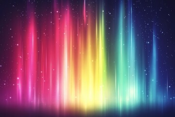 Vibrant rainbow light streaks on dark background with sparkles.