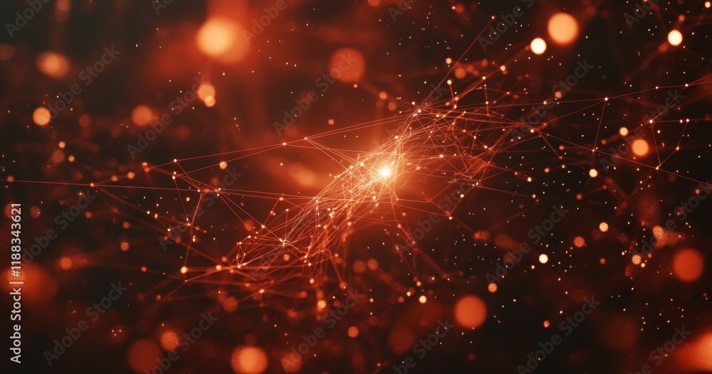 Poster abstract red glowing network with bokeh.