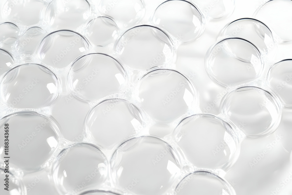 Poster close-up of translucent bubbles forming a textured surface with delicate white foam on a bright back