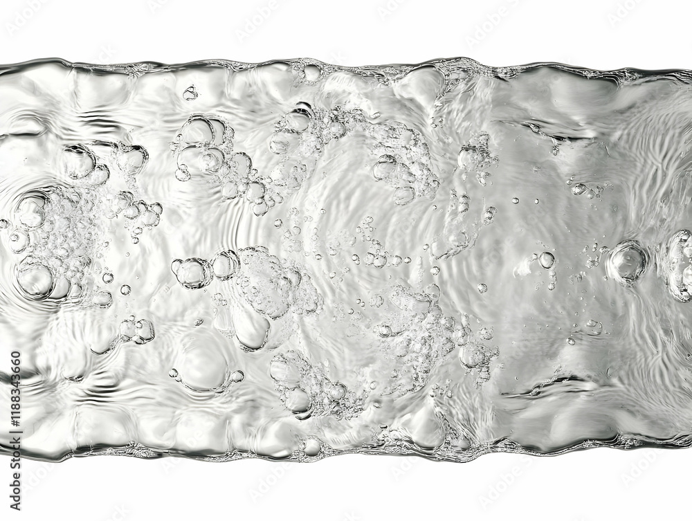 Poster clear water with bubbles flows smoothly and creates ripples on its surface against a white backgroun