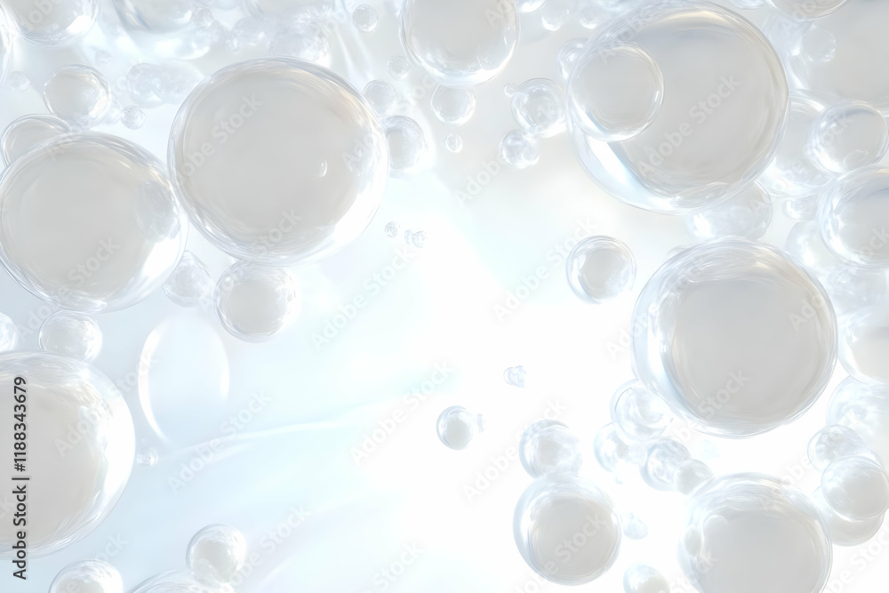 Poster white spheres float and cluster on a softly lit white background