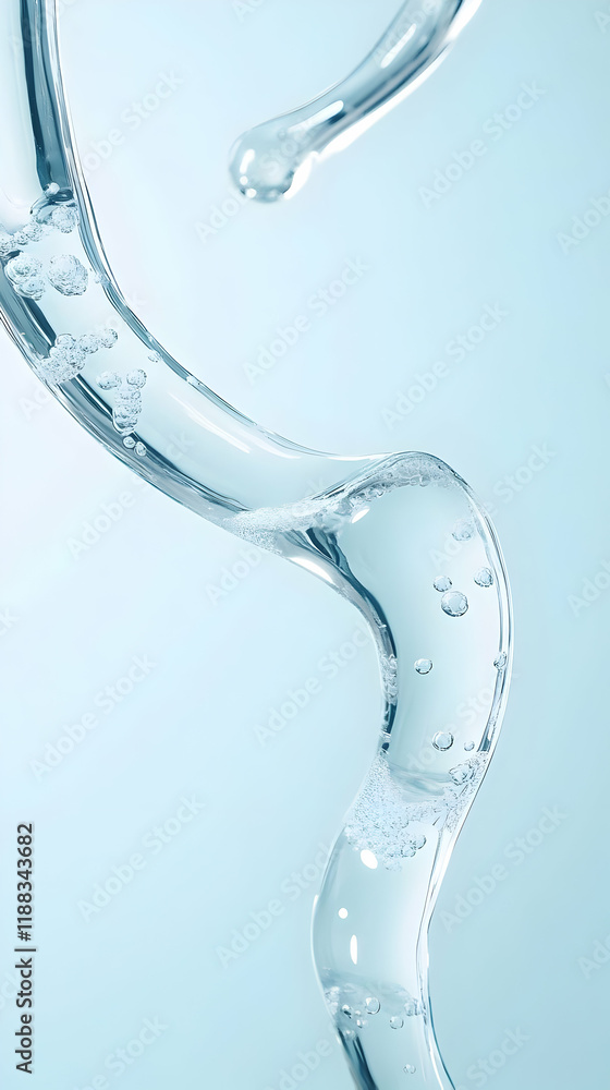 Aufkleber clear liquid stream flows and curves with bubbles on a soft blue background