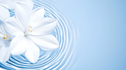 Fototapeta premium White flowers floating on rippling blue water surface with copy space.
