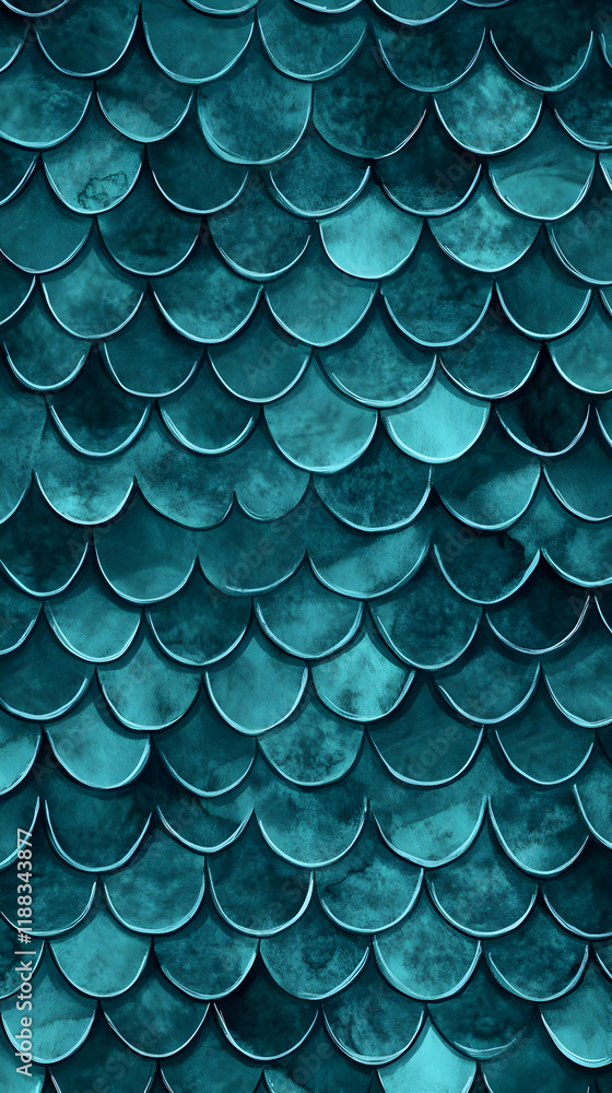 Poster teal scale pattern forms a textured, seamless background with an aquatic or reptilian aesthetic.