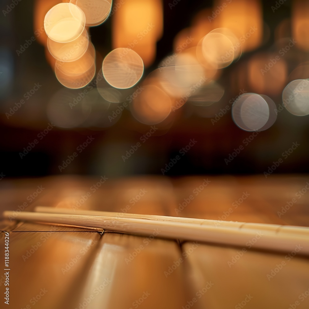 Poster empty wooden table in front of blurred bokeh lights background.