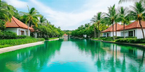 Luxury resort villas with green roofs reflected in a tranquil swimming pool, surrounded by lush tropical vegetation. Perfect for travel or wellness themes.