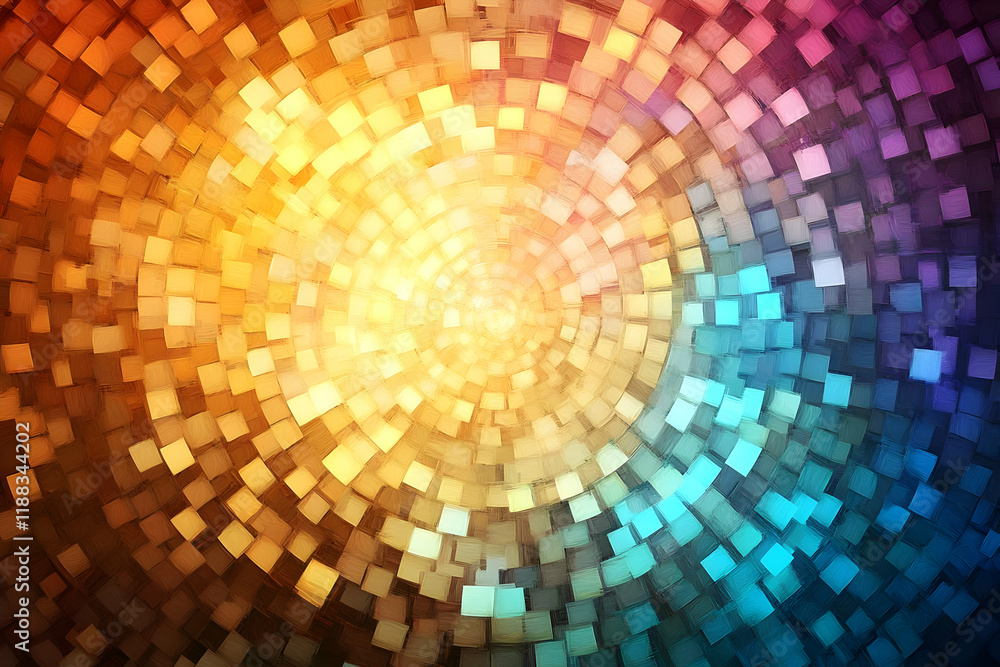 Poster abstract background shows colorful circular pattern with painted square tiles radiating outward