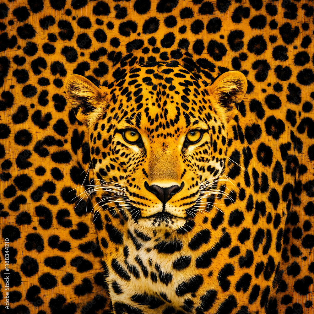Poster leopard close-up portrait with intense gaze against a matching spotted background
