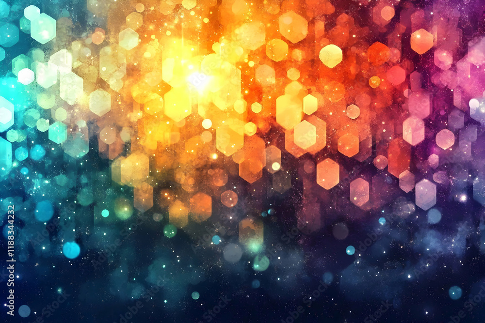 Poster abstract background shines with colorful hexagons and bokeh effects beautifully